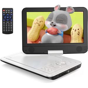 Yoton Lettore DVD portatile Yoton da 12,5 pollici con schermo rotante HD da 10,5 pollici per auto, completo di caricabatteria per auto, alimentatore, batteria, lettore di schede USB/SD e funzione TV-Sync, colore bianco [Blu-ray non supportato]