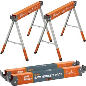 BORA PM-3360T - Cavalletti da Lavoro Pieghevoli, Altezza Regolabile | Coppia heavy-duty 1.225 kg, altezza 30-86 cm. Banco da lavoro portatile per cantiere, falegnameria e fai da te