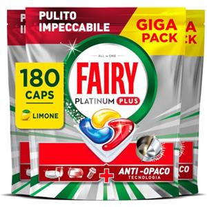 Fairy Platinum Plus Pastiglie Lavastoviglie Tutto in Uno, 180 Caps, Limone | Detersivo in Capsule, Stoviglie Brillanti, Rimuovi Grasso, Efficace nei Cicli Brevi al Primo Lavaggio, Anti-Opaco, Pack XL