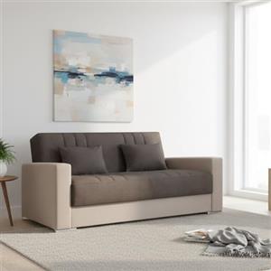 Dmora - Divano Letto 3 posti Sergio, Divano Contenitore in Ecopelle e Tessuto, Sofà con Apertura Click-clack e 2 Cuscini, 230x96h101 cm, Beige e Grigio