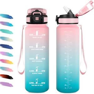 KollyKolla Borraccia Sportiva 1L, Borraccia con Cannuccia, a Prova di Perdite, Facile Pulizia, Bottiglia Acqua Motivazionale con Indicatore del Tempo, per Campeggio, Ciclismo, Scuola, Ufficio, Lavoro, Gym