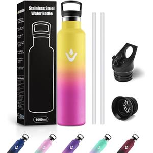 JAPORIA Borraccia Termica 1L, Bottiglia Termica con Cannuccia, Riutilizzabile, a Prova di Perdite, senza BPA, per Viaggi, Scuola, Ciclismo