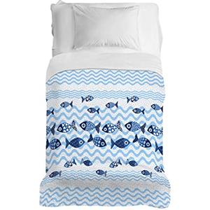 PENSIERI DELICATI Copriletto 220x280 cm, Telo Singolo 100% Cotone Pique, Ideale Come Telo Arredo, Coperta Salva Letto 1 Piazza e Mezza, Fantasia Pesci Blu, 100% Made in Italy