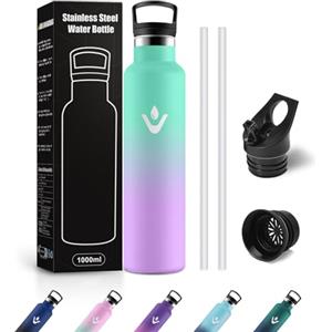 JAPORIA Borraccia Termica 1L, Bottiglia Termica con Cannuccia, Riutilizzabile, a Prova di Perdite, senza BPA, per Viaggi, Scuola, Ciclismo