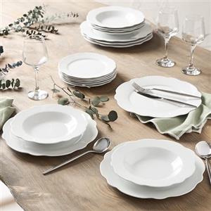 GENEVIEVE LETHU Geneviève Lethu 545865 - Servizio da tavola in porcellana bianca, 18 pezzi, per 6 persone, piatti piani, piatti fondi, piatti da dessert, collezione Vienna alla forma smerlata