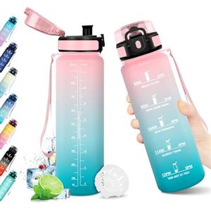 KollyKolla Borraccia 1L, Borraccia Palestra con Indicatore del Tempo, Borracce con Filtro, Bottiglia Acqua Riutilizzabile, senza BPA, A Prova di Perdite, Borracce Sport per Bambini, Adulti, Studenti, Ufficio