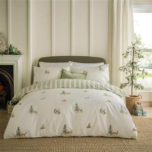 furn. Wylder Charlecote Set Copripiumino (Verde/Naturale - Doppio) | Reversibile 100% Cotone A Righe Natura Del Bosco Animali Biancheria Da Letto
