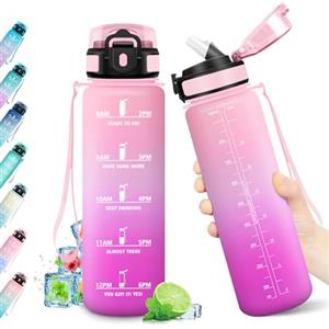 KollyKolla Borraccia 1L, Bottiglia con Indicatore del Tempo Motivazionale, Bottiglia con Cannuccia, Riutilizzabile, senza BPA, A Prova di Perdite, per Fitness, Scuola, Ufficio, Ciclismo, Alpinismo, Yoga