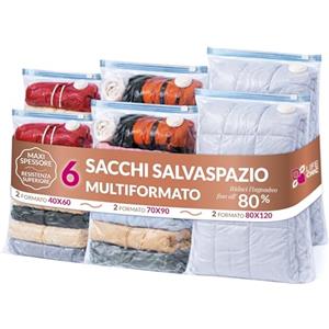 LifeChic Sacchetti Salvaspazio Sottovuoto - Set 6 Pezzi Multiformato (2×40x60 cm, 2×70x90 cm, 2×80x120 cm), Riutilizzabili con Valvola Universale, Buste Sottovuoto per Vestiti, e Cambio Stagione