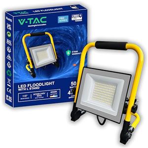 V-TAC Faretto LED da Cantiere 50W - [ CHIP CREE LED - ALTE PERFORMANCE ] - 4270 Lumen - Impermeabile IP65 - Faro Led da Esterno per Lavori e Garage - Cavo 3M - Staffa Piehevole - Luce Naturale 4000K