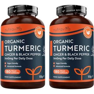 Nutravita Curcuma Bio 1440mg - 6 Mesi | 2 confezioni da 180 capsule - Con piperina e zenzero - Curcumina attiva