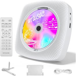 WOLFANG Lettore CD portatile WDV04 per casa e outdoor, Bluetooth con altoparlanti, batteria ricaricabile 4000 mAh, radio FM, USB, telecomando, montaggio a parete e supporto da tavolo