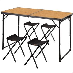 AKTIVE 63162 Tavolo pieghevole in alluminio con 4 sgabelli in acciaio, altezza regolabile 60/70 cm, superficie 120 x 60 cm, finitura bambù, design portatile con maniglia per campeggio, spiaggia e