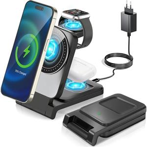 KDISHKRA Caricatore Wireless 3-in-1, Stazione Ricarica Rapida 15W Magnetica Pieghevole, Adatto iPhone 12 a 17, Apple Watch e AirPods