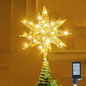 Joiedomi Puntale per Albero di Natale in Metallo, Stella 3D con Glitter Dorati, Dimensioni 11 Pollici, Illuminato con 36 LED Bianchi Caldi, Timer con Spina, Decorazione per Albero di Natale