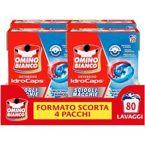 Omino Bianco Idrocaps Detersivo Lavatrice Sciogli Macchie, 20 Caps x 4 | Rimuove anche le macchie più difficili, 80 lavaggi, fragranza Muschio Bianco, efficace a basse temperature