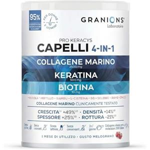 Granions Collagene Marino e Biotina in Polvere 300 g Capelli Melograno - Granions | Formula 4-in-1 capelli con cheratina 500 mg, biotina 10 mg e collagene, estratti di rucola e mirtillo, zinco