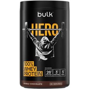 Bulk Hero Whey Protein Powder, Double Chocolate | 26 Servings, 26g Protein + 3g Creatine, 5g BCAAs, Low Sugar, Fast Absorption, Isolate, Hydrolysed & Concentrate Blend