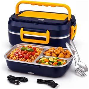 081 Store - Scaldavivande Elettrico Portatile 40W 1,5L, Porta Pranzo Riscaldabile con Vaschetta Acciaio Inox a 3 Scomparti, Lunch Box Termico 110/220V 12V 24V per Auto Camion Ufficio.