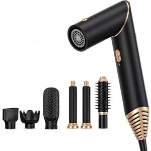Generic Asciugacapelli 6 in 1 con Accessori Intercambiabili, Styler per Capelli con Spazzola Volumizzante, Spazzola Lisciante, Diffusore, Concentratore e Accessori Arricciacapelli, Nero e Oro