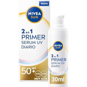Nivea Sun Primer Sierum UV Diario 2 in 1, siero viso con protezione solare SPF 50+, crema solare viso che protegge e ammorbidisce la pelle, crema solare con acido ialuronico e licocalcón A, 1 x 30 ml