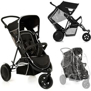 hauck Passeggino Fratellare o Gemellare 3 Ruote, Freerider Black | Con parapioggia, seduta superiore reclinabile dalla nascita, seduta inferiore dai 6 mesi, ogni bimbo max. 15 kg / 3 anni