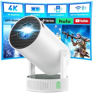 CAMWORLD Videoproiettore Portatile con Batteria, Mini Proiettore con supporto risoluzione 4K Android TV 11 WiFi 6 Bluetooth, 3 Ore Autonomia, Esterno Campeggio Giardino, 220° Rotazione, Cinema Casa All'Aperto