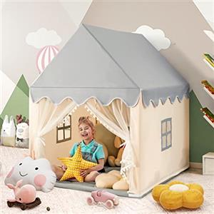 COSTWAY Tenda da Gioco per Bambini, Casetta per Bambini con Struttura in Solido Legno, Tappetino di Cotone, Tenda a Rete e Finestre, 105x120x140 cm (grigio e beige)