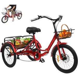 BAOCHADA Triciclo per adulti da 20 pollici con cestino per la spesa | Bicicletta per anziani, freno a disco a 7 marce, pieghevole, altezza della seduta 77-93 cm, regolabile con freno a disco