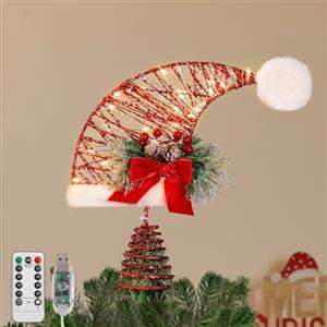 Lewondr Topper per Albero di Natale, 11,61 Cappello Natalizio in Metallo a Forma di Albero con Foglie di Pino e Fiocco, 30 Bulbi LED, Timer 6 Ore, 8 Modalità di Luce, USB e Telecomando Cappello,Rosso