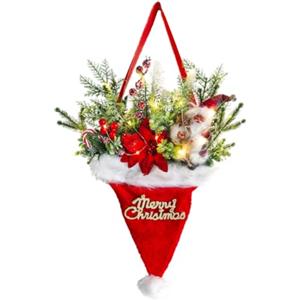 Whychstore Cappello di Natale a LED decorativo da appendere alla porta con luci a stringa festivo berretto rosso festa copricapo novità decorazione natalizia per albero di casa 30 cm
