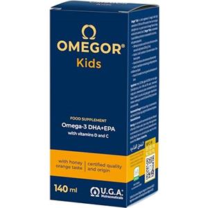 Omegor Omega 3 Bambini OMEGOR Kids Liquido 3+ Anni (140ml) - Estratto da Alga Marina - Gusto di Miele e Arancia con Vitamine C e D - Ideale per Cervello, Vista, Ossa e Difese Immunitarie per Bambini