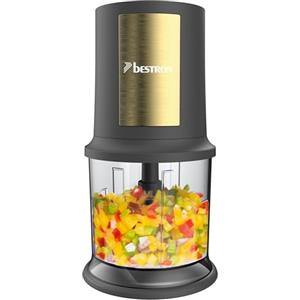 Bestron AKC200GP - Tritatutto elettrico multifunzione con due lame da taglio e capacità da 500 ml, grande pulsante a impulsi, 3.000 giri/min, collezione Golden Platin, colore: oro/grigio opaco