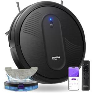 MONSGA Robot Aspirapolvere Lavapavimenti 3-in-1, 5000Pa, Autonomia 140min | Anti-groviglio, Ricarica Automatica, Controllo App/Telecomando/Alexa, Silenzioso, Per Peli Animali, Pavimenti e Tappeti