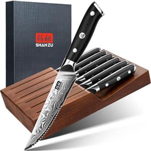 SHAN ZU Set 6 Coltelli da Bistecca Seghettati con Ceppo Damasco 11cm | Acciaio Giapponese 67 Strati 10Cr15MoV, Manico Ergonomico in G10, Confezione Regalo - PRO Series