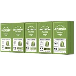 by Amazon Capsule di caffè espresso gusto leggero compatibili Nespresso, Confezione da 100 (5 confezioni da 20) - Certificato Rainforest Alliance