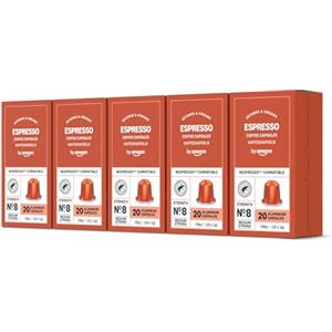 by Amazon Capsule Caffè espresso compatibili con Nespresso, tostatura chiara, 100 unità, 5 confezioni da 20 - Certificato Rainforest Alliance