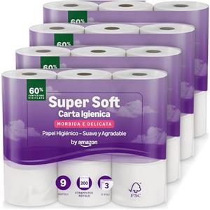 by Amazon Carta Igienica, 3 Veli Trapuntata, Morbida e Setosa, 36 Rotoli (4 Confezioni da 9), 200 Fogli per Rotolo, Certificata FSC