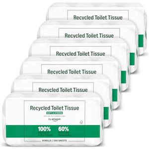 by Amazon, Carta Igienica Riciclata, 100% Fibre Riciclate, 3 Veli, 200 Strappi, 48 Rotoli (6 Confezioni da 8), Certificata FSC