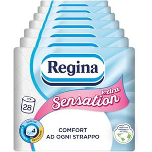 Regina Sensation Extra, 28 Rotoli di Carta Igienica a 4 Veli | 170 Soffici Fogli, Comfort ad Ogni Strappo, Confezione con il 60% di Plastica Riciclata, Carta 100% Certificata FSC