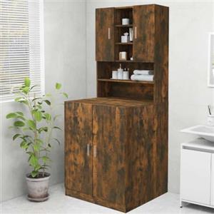 KUREOVDG Mobile lavatrice in rovere affumicato, 70,5 x 25,5 x 90 cm | legno, 2 porte, 9 scomparti, resistente all'umidità, supporto da parete, istruzioni di montaggio (lingua italiana non