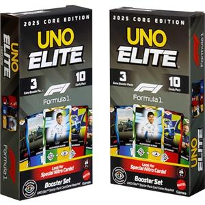 Mattel Games UNO Elite™ Formula 1 Booster Set 2025 Core Edition, Confezione da 2, 7+ | Include 60 carte a tema Random Elite d'azione per bambini, ragazzi e serate in famiglia, 2-5 giocatori, JLV45