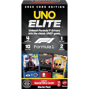 Mattel Games UNO Elite Formula 1 Starter Pack 2025, 7+ anni, 2-5 giocatori | Include un mazzo completo, 4 booster pack da 40 carte e 2 carte promo, ideale per serate in famiglia, 2-5 giocatori, JLV42