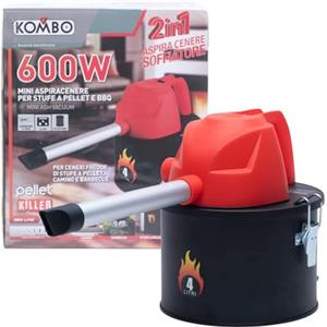 KOMBO - Mini Aspiracenere e Soffiatore 2 in 1 - Serbatoio 4 Litri in Acciaio Smaltato SPCC, 600W - Potenza Aspirante 13 Kpa - Per Stufe a Pellet, Caminetti, BBQ e Cenere Fredda