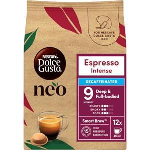 Dolce Gusto NEO NESCAFÉ DOLCE GUSTO NEO ESPRESSO INTENSO DECAFFEINATO Caffè 12 Capsule | Utilizzabili esclusivamente con Macchine Nescafé Dolce Gusto NEO Caffè e NEO Latte. Caffè corposo. Intensità 9. 12 Capsule