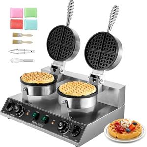 VEVOR Macchina per Waffle Commerciale Rotonda a Doppia Testa, Piastra Waffle Belga in Acciaio Inox Antiaderente 2460 W con Controllo Temperatura Tempo e Maniglia, per Ristoranti Panetterie, Snack Bar