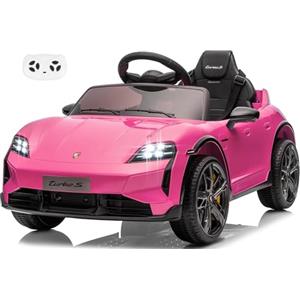 Mondial Toys Porsche Taycan Turbo S Macchina Elettrica per Bambini 12V con Telecomando Cintura a 3 Punti Fari a Led Bluetooth Auto Elettrica Full Optional Rosa
