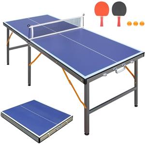 LiveGo Tavolo da ping pong pieghevole con rete e set di racchette, per interni ed esterni, superficie blu, include 2 racchette e 3 palline, robusto design a 6 gambe, per bambini e adulti