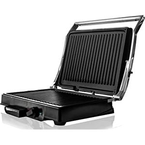 BEHOME Griglia Elettrica Barbecue in Ghisa Antiaderente con Doppia Piastra 1800 Watt, Bistecchiera Elettrica Temperatura regolabile e Vaschetta raccogli grasso