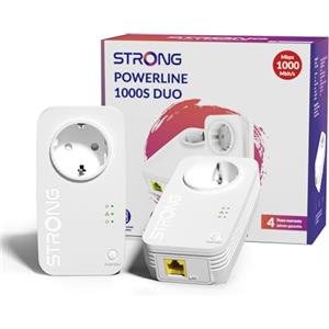 STRONG AV1000 Kit Powerline con Presa Integrata, Porte Gigabit, Kit da 2 | HomePlug AV2, Plug & Play, Risparmio Energetico, Connessione Stabile per Streaming 4K, TV, PC, Gaming e Lavoro da Casa